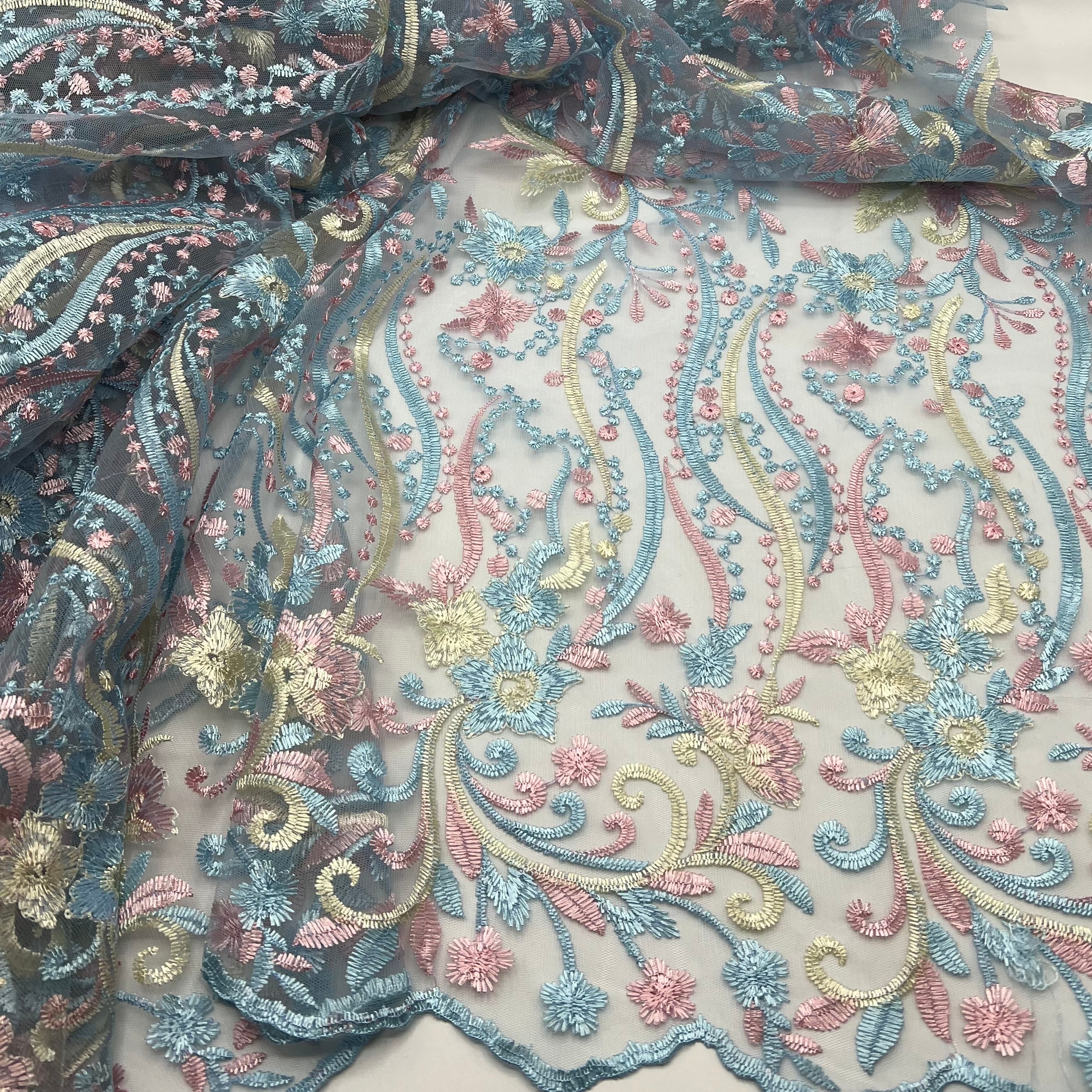 Blue Baby Pink Beige Floral Embroidered Tulle Lace Fabric